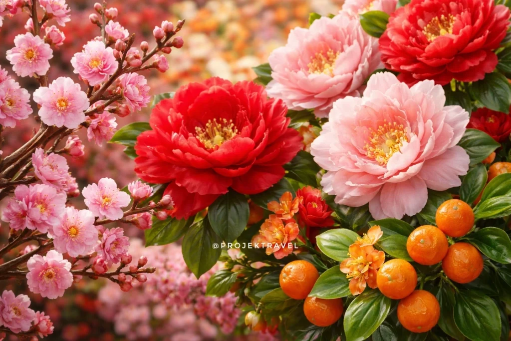 plum blossom, peony, dan bunga oren kumquat